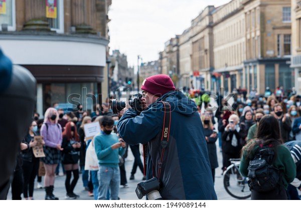 Newcastle\
upon Tyne UK: 3rd April 2021: Kill The Bill protest for the right\
to protest in Newcastle, northern England. Photojournalist at a\
peaceful demonstration with social\
distancing