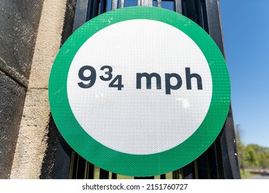 Newcastle Upon Tyne, UK - April 29th, 2022: Unusual Road Sign For Nine And Three Quarter Miles Per Hour In A Green Circle, On The Gate Of Exhibition Park.