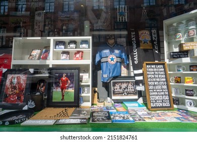 Newcastle Upon Tyne, UK: April 30th, 2022: The Window Display In The Back Page Shop, Selling Football Memorabilia.