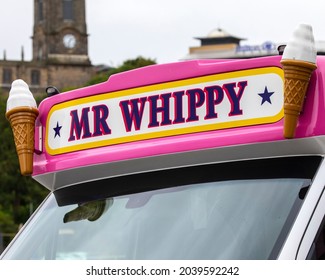 Newcastle upon Tyne, UK - August 29th 2021: Close-up of the Mr. Whippy sign on an Ice Cream van in the city of Newcastle upon Tyne, UK.