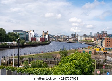 Newcastle Upon Tyne, UK: June 3rd, 2022: View Of The Tyne Bridges, BALTIC Art Gallery And Sage Gateshead Music Venue From Outside The Free Trade Pub.