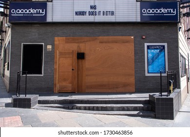 Newcastle Upon Tyne / UK - May 11th 2020: General Views Of The O2 Academy Music Venue In Newcastle City Centre Boarded Up Due To The Coronavirus / Covid 19 Lockdown. 