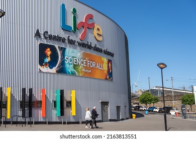 Newcastle Upon Tyne, UK - May 28th, 2022: Rear View Of The Life Science Centre With Brightly Coloured Design Elements, Under A Blue Sky.