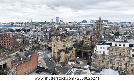 Newcastle upon Tyne, United Kingdom - August 30th, 2023: The tower of the Newcastle Castle seen from the air.