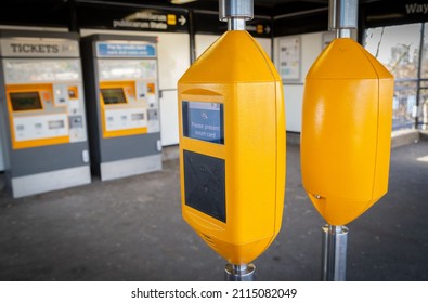 Newcastle Upon Tyne, Tyne And Wear, England - January 30 2020: Tyne And Wear Metro Light Rapid Transport Smart Card Ticket Reader Machine