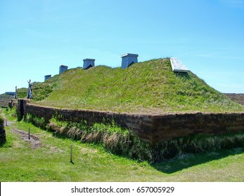 Newfoundland, CA:  L'Anse Aux Meadows On June 24, 2011.  Re-creation Of A Viking Timber-and-sod-longhouse.  L'Anse Aux Meadows Is The First And Only Known Site Established By Vikings In North America.