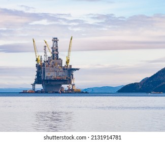 Newfoundland, Canada - March 2022: Hebron offshore terminal for offshore drilling and exploration of oil and production. The rig is a stand alone concrete gravity base for water subsea drilling.