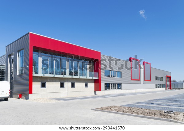 newly\
build modern red office building with warehouse\
