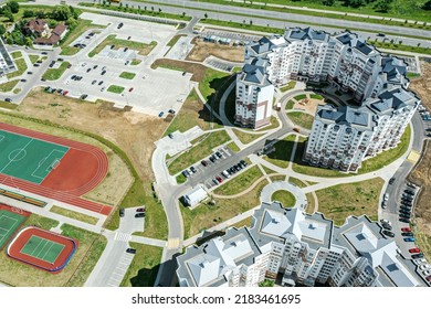 Newly Constructed High-rise Apartment Buildings In Urban Residential Area. Aerial Overhead View.