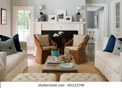 Newly designed classic style living room with blue/gray walls