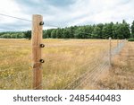 Newly installed electric fence and wooden posts seen on a farm within an area of natural beauty in the UK. A distant forest can be seen.