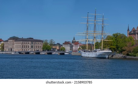 Newly Restored Full Rigged Steel Ship Museums And A Bridge A Sunny Day In Stockholm, Sweden 2022-05-19