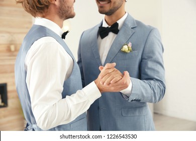 Newlywed Gay Couple Dancing At Home, Closeup