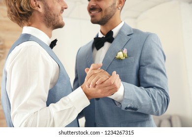 Newlywed Gay Couple Dancing At Home, Closeup