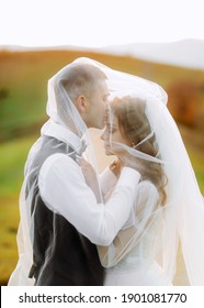 Newlyweds in love covered with a veil kissing against the backdrop of sunset in the mountains.