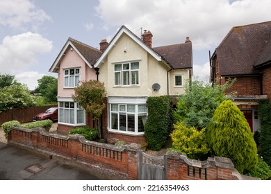 Newmarket, Suffolk, England - May 30 2018: Traditional semi detached house aerial street view from pavement - Shutterstock ID 2216354963