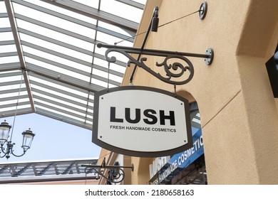 Newport Beach, CA, USA - July 10, 2022:  Lush Store Hanging Sign At A Shopping Mall In Newport Beach, CA, USA. Lush Is A Bath, Body, Skin And Hair Care Company.  