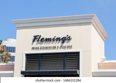 Newport Beach, California/United States - 07/15/19: A Store Front Sign For The Upscale Restaurant Known As Fleming's Prime Steakhouse And Wine Bar