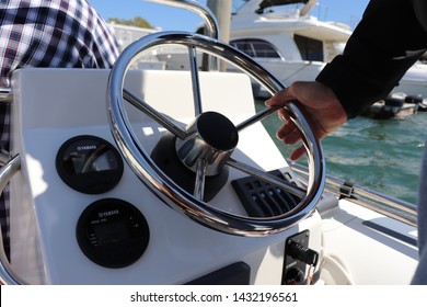 Newport Beach, CA/U.S.A. - 4/10/19: Steering Console For A Large Boat Or Yacht