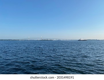 Newport harbor with Newport bridge in background. Folk fest 2021.