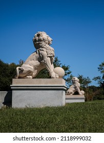 Newport News, Virginia, USA - April 16, 2021: Fragment of four-lions bridge, two lions.
