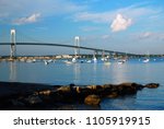 The Newport Pell Bridge spans Narragansett Bay and connects Jamestown and Newport, Rhode Island