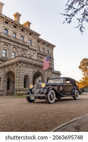 Newport, Rhode Island, USA, October 1, 2021: Classic Car In Front Of Mansion