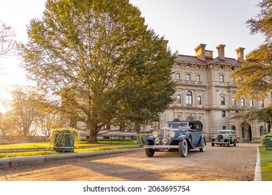 Newport, Rhode Island, USA, October 1, 2021: Classic Car In Front Of Mansion