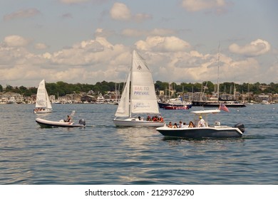 Newport, RI, USA - July 13, 2019: Historic Fort Adams State Park offers visitors spectacular views of Newport Harbor, its marinas, ships and boats of all varieties, and the iconic Newport Bridge.