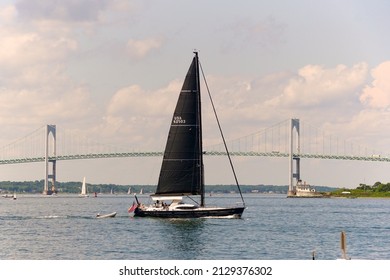 Newport, RI, USA - July 13, 2019: Historic Fort Adams State Park offers visitors spectacular views of Newport Harbor, its marinas, ships and boats of all varieties, and the iconic Newport Bridge.