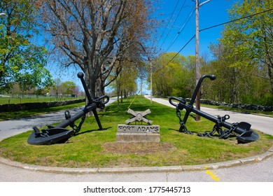 NEWPORT, RI, USA - MAY 13, 2020: Sculpture and Anchor at the entrance of Fort Adams State Park in city of Newport, Rhode Island RI, USA. 