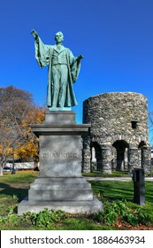 Newport Tower And Channing Statue, Tauro Park, Newport Rhode Island USA.