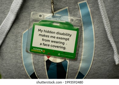 Newport, Wales, UK - 06.18.2021: Someone Wear A Lanyard That Reads 'my Hidden Disability Makes Me Exempt From Wearing A Face Covering'. This Is Worn Instead Of A Face Mask In The UK.