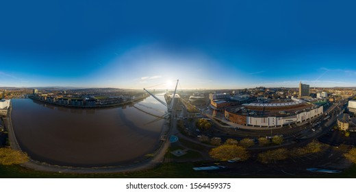 Newport, Wales, UK – November 18, 2019: 360 aerial view at sunrise of Newport city centre, south wales United Kingdom, taken from the River Usk