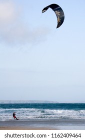 Newquay. England. 08.21.07. Kite Surfing Off Great Western Beach At Newquay In Cornwall In The United Kingdom