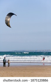 Newquay. England. 08.21.07. Kite Surfing On Great Western Beach In Newquay, Cornwall In The United Kingdom.