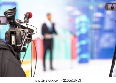 News conference or press briefing at media event. Public relations concept. - Shutterstock ID 2150618753