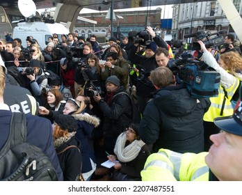 News Media Photographers, Journalists And Video Crews At A Press Conference In London Following An Incident. London, January 2013