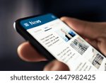 News online. Phone with newspaper headlines and feed. Digital press article. Reader watching latest titles. Mockup media publication website in smartphone. Man reading text on mobile screen.