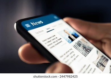 News online. Phone with newspaper headlines and feed. Digital press article. Reader watching latest titles. Mockup media publication website in smartphone. Man reading text on mobile screen.