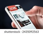 News in phone. Online newspaper article. Digital press publication. Reading latest headlines on digital mobile publication website or app with smartphone. Mockup media portal site. Information on web.