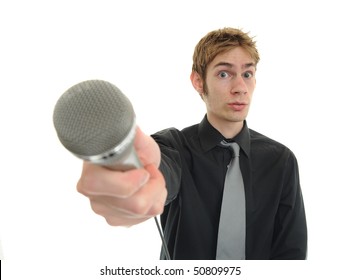 News Reporter Journalist Interviews A Person Holding Up The Microphone