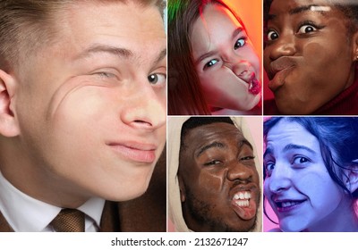 News. Set Of Close-up Faces Of Young Girls And Boys Crushed On Glass Isolated On Colored Background. Concept Of Human Emotions, Diversity. Models Leaning Against Glass