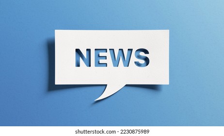 News text for newsletter, latest news, breaking news, blog website. Cut out paper speech bubble on blue background for banner, headline background. Communication on current events.
