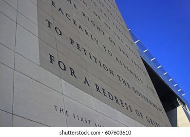 NEWSEUM WASHINGTON DC JULY 2015: The First Amendment Of The Constitution Of The United States Of America Is Written On The Wall Of The Museum Of The Press, The Newseum, In Washington. 7-21-2015