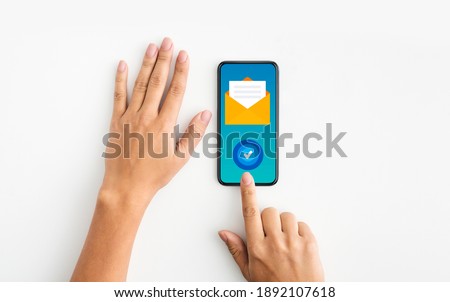 Newslettering Concept. Unrecognizable Female Using Smartphone With Opened Envelope Sign And Check Mark Button, Subscribed To Email Marketing, Creative Collage, Top View With Copy Space