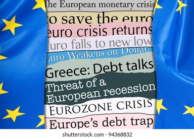 Newsletters Headlines About Financial Crisis With Flag Of European Union