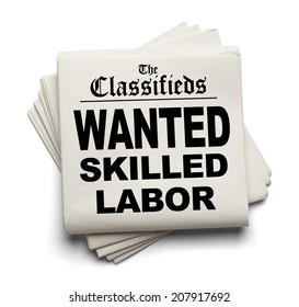 Newspaper Classifieds With Wanted Skilled Labor Headline Isolated On White Background.