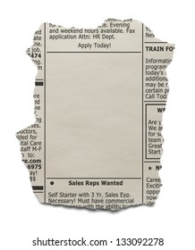 Newspaper clipping of the want ads with copy space isolated on white background.