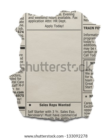 Newspaper clipping of the want ads with copy space isolated on white background.